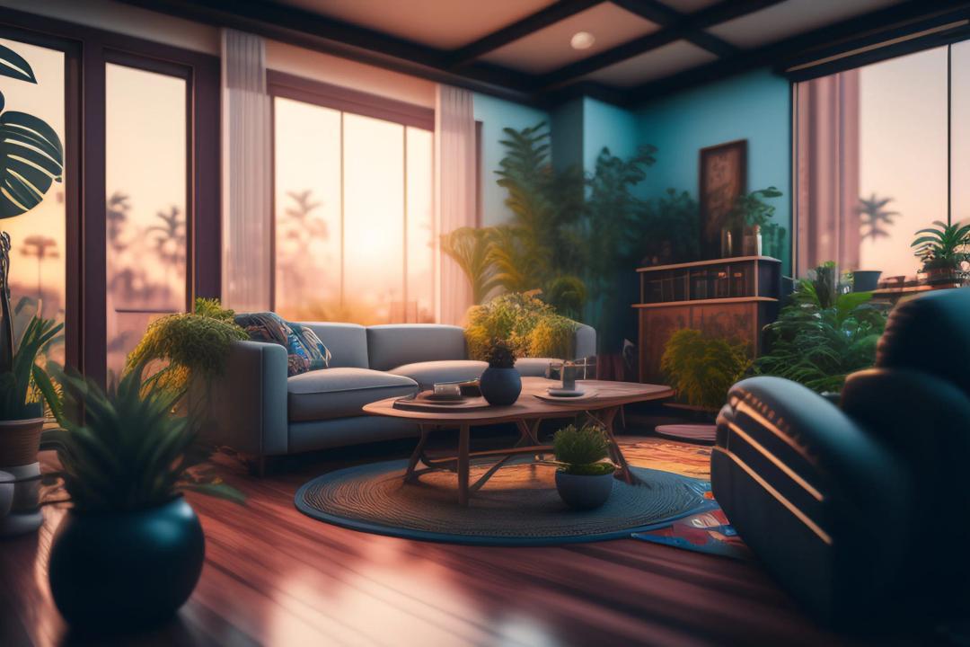 A living room with a lot of plants generated by AI